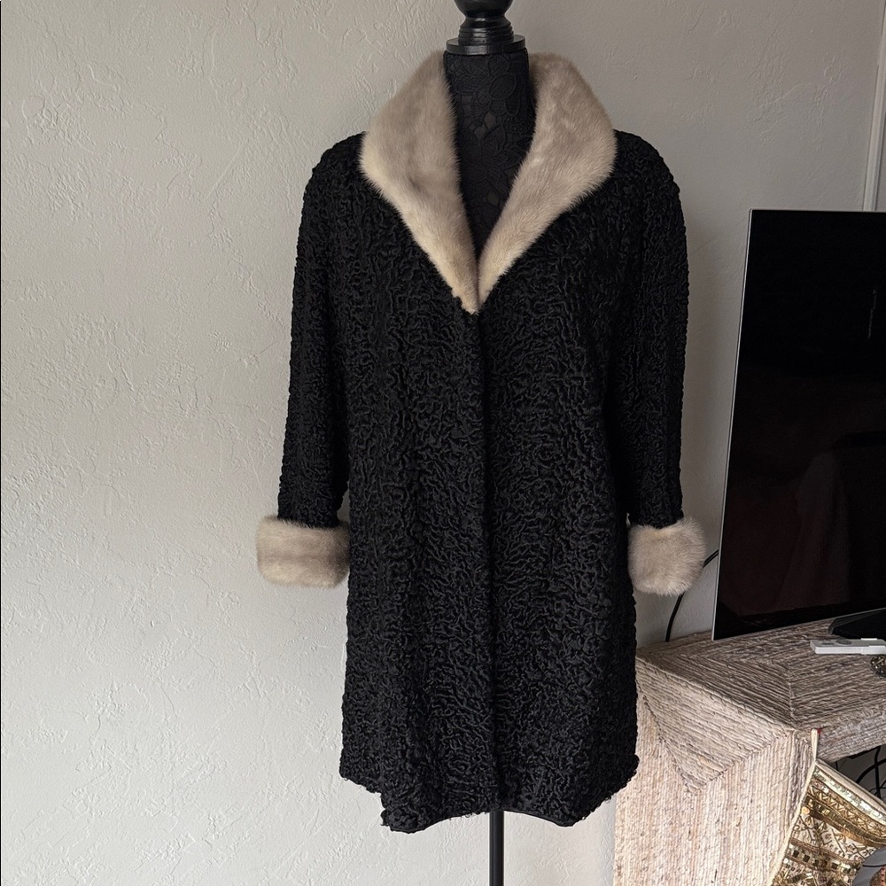 Vintage Elegant Black real Persian lamb and silver mink Trimmed Coat. Size M-XL